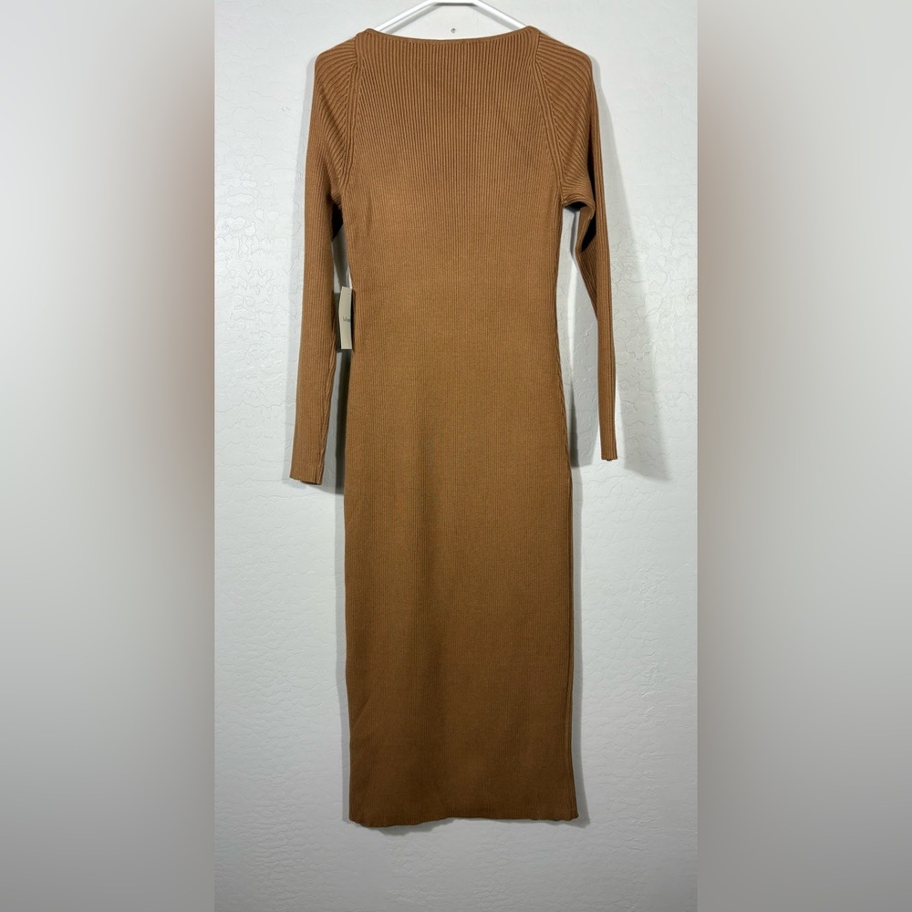 BOHME Ribbed Square Neckline Long Sleeve Coquette Full‎ Length Tan Dress XL NWT - Picture 4 of 12